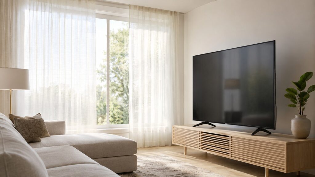 Telewizor odbija okno przez pół dnia — jak ustawić salon bez zasłaniania całego światła