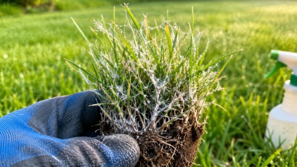 Białe nitki na trawniku po chłodnej nocy nie zawsze oznaczają pleśń śniegową. Sprawdź objawy Microdochium, dollar spot i Pythium oraz działania, które ograniczą wilgoć i ochronią murawę po chłodzie.
