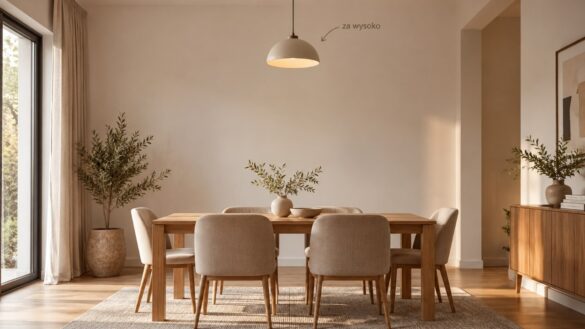 Lampa nad stołem powinna wisieć zwykle 55–80 cm nad blatem. Sprawdź właściwą wysokość, rozmiar klosza, barwę światła i ustawienie, które poprawia proporcje jadalni i komfort przy stole każdego dnia.