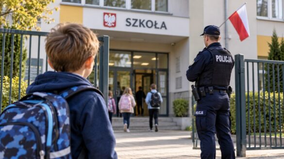 Policja przy szkołach wzmacnia kontrole. Sprawdź, co dziecko powinno zrobić, gdy widzi nieznajomego lub podejrzany przedmiot przy wejściu do szkoły i kiedy trzeba dzwonić pod numer 112.